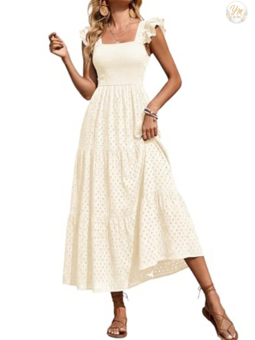 Womens Cotton Square Neck Maxi Dress Cap Sleeve Eyelet Smocked A Line